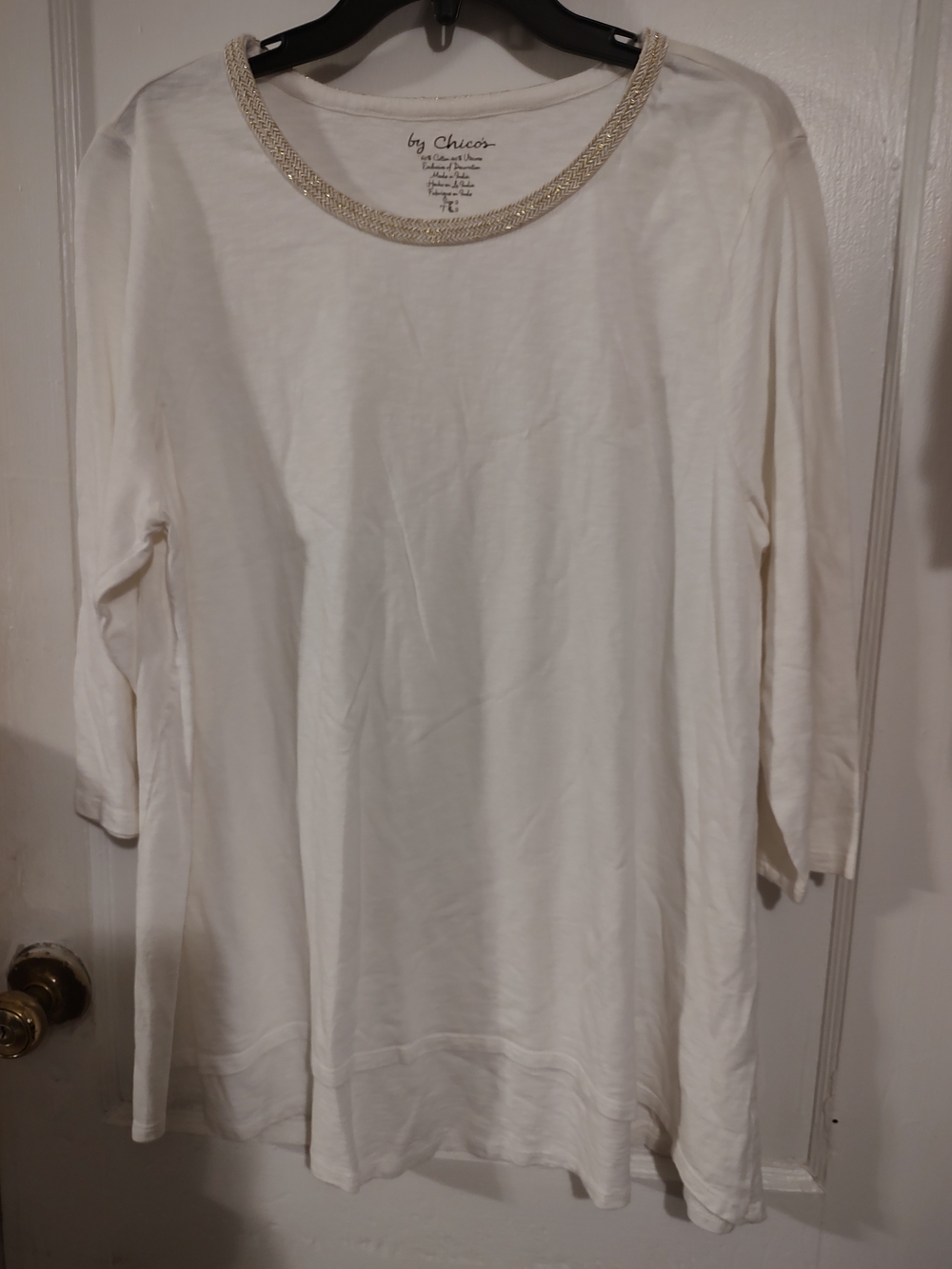 Chico's Cream Embellished-Neck Long Sleeve Dress